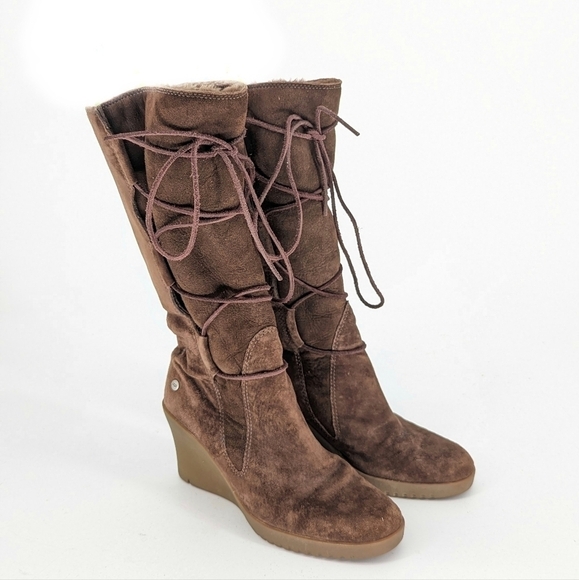 Ugg Suede Lace Up Wedge Boot Brown 9 shearling sheep skin leather rancher boho